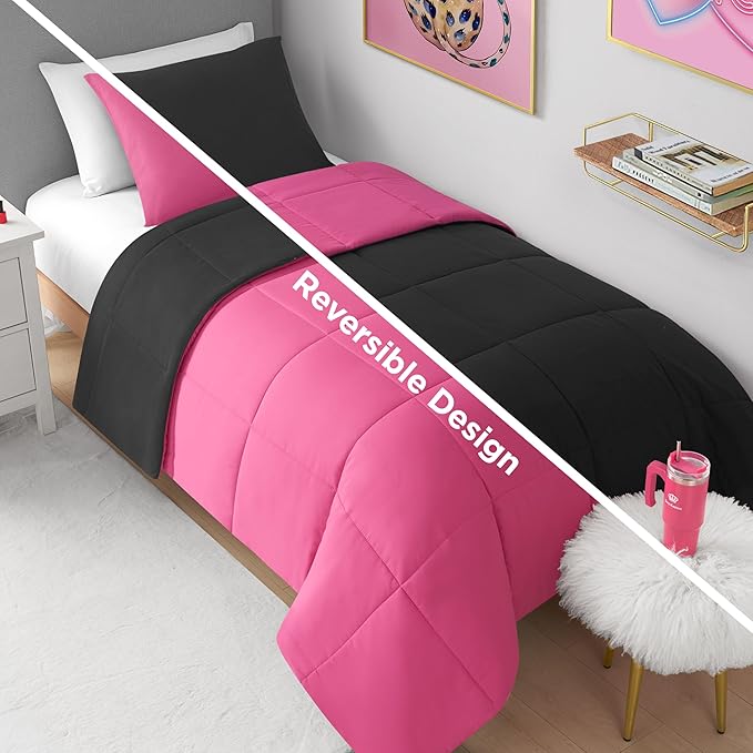 Juicy Couture Reversible Box Stitch Comforter Set, 3-Piece Full/Queen – Hot Pink/Black – Glam Bedding Set