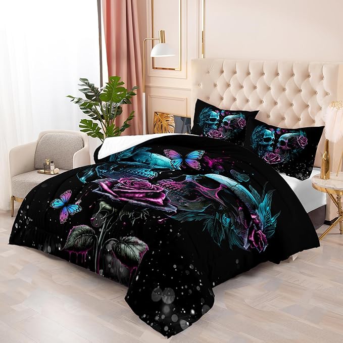 Skull Bedding Set Queen Size,Goth Bedding Sets Queen with Comforter,Skull Comforter Set,Rose Comforter Halloween Skull Bed Comforter,Blue Comforter Black Bedding Skull Quilt
