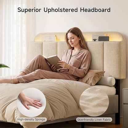 Headboard for Full/Queen Size with LED Light, Upholstered Bed HeadBoard with Storage, Linen Fabric Head Board with Vertical Channel Design, Height Adjustable, Easy to Assemble, Beige