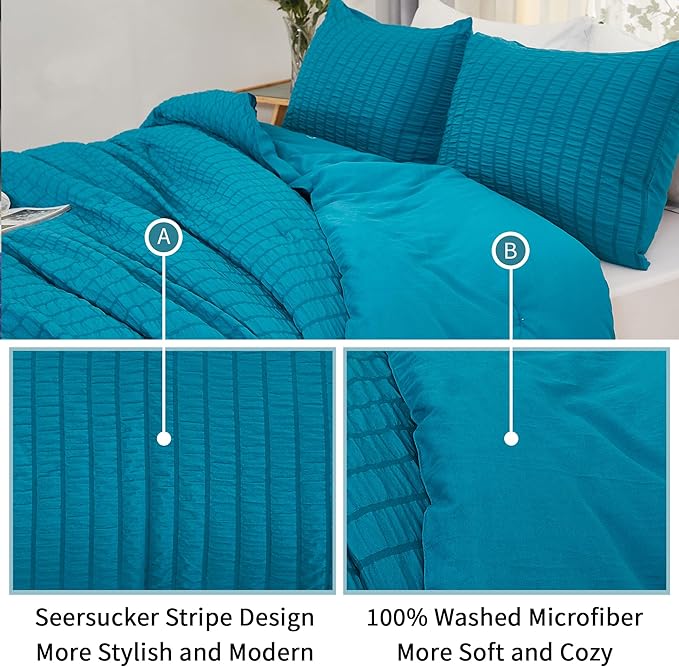 AveLom Teal Seersucker Queen Comforter Set (90x90 inches), 3 Pieces-100% Soft Washed Microfiber Lightweight Comforter with 2 Pillowcases, All Season Down Alternative Comforter Set for Bedding