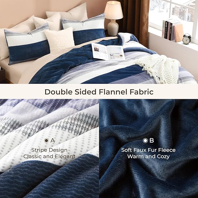 Litanika Fluffy Fleece Full Size Comforter Set, Luxury Soft Plush Fuzzy Mineral Blue Stripe Bedding Comforter Sets, Warm Shaggy Faux Fur Bed Set All Season (1 Comforter, 2 Pillowcases)