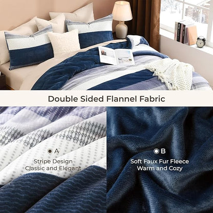 Litanika Fluffy Fleece Full Size Comforter Set, Luxury Soft Plush Fuzzy Mineral Blue Stripe Bedding Comforter Sets, Warm Shaggy Faux Fur Bed Set All Season (1 Comforter, 2 Pillowcases)