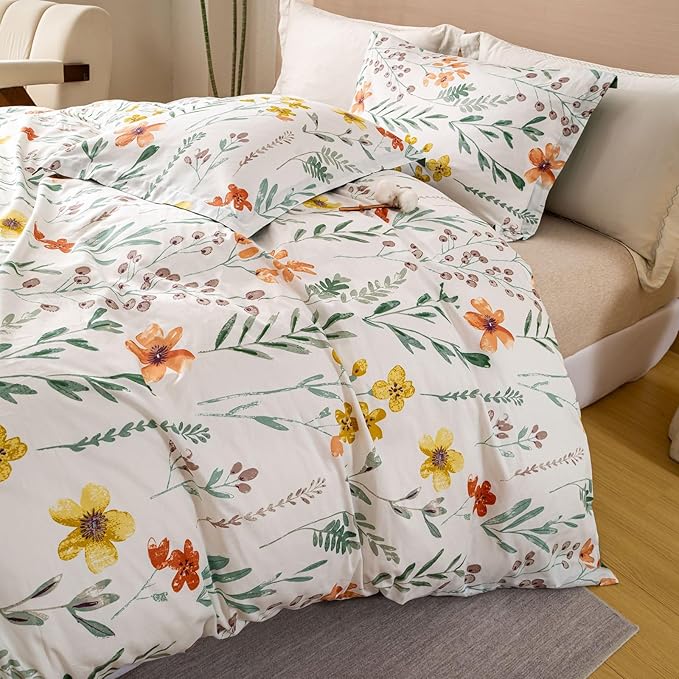 OAITE Duvet Cover Set Twin Size Floral Pattern Ultra Soft 100% Cotton Duvet Cover Sets 3-PC, Breathable Duvet Cover with Zipper Closure & Corner Ties(2 Pillow Shams,1 Duvet Cover)