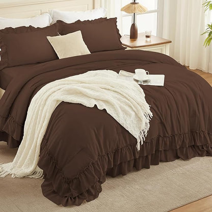 Andency Brown King Comforter Set (104x90Inch), 3 Pieces Ruffle Comforter Set with 2 Pillowcases, Farmhouse Shabby Chic Lightweight Fluffy Soft All Season Bed Set