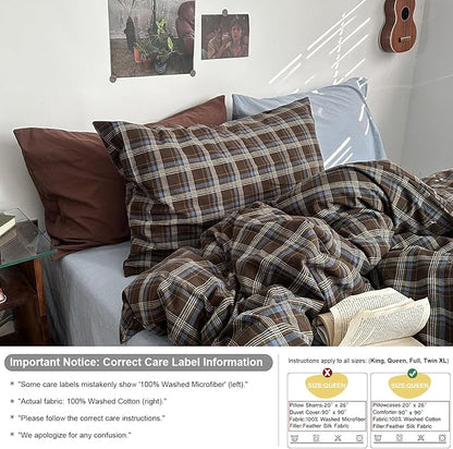 mixinni Vintage Blue & Brown Buffalo Plaid Comforter Set King Size - 3-Piece Washed Cotton Soft Geometric Checkered Pattern Bedding Set for All-Seasons Lightweight & Breathable-King Size