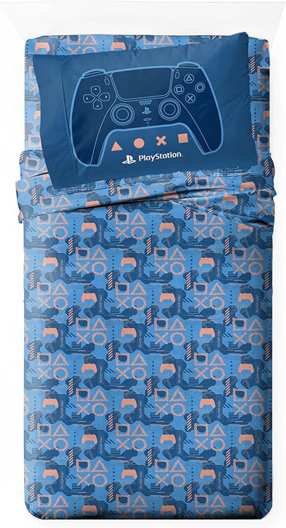 Jay Franco Kids Sheet Cartoon Set with Fitted, Flat Sheets & Pillow Cover - Ultra-Soft Bedding with Pillowcase for Room Decor, Blue - PlayStation, 3 Piece Twin