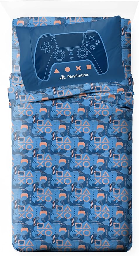 Jay Franco Kids Sheet Cartoon Set with Fitted, Flat Sheets & Pillow Cover - Ultra-Soft Bedding with Pillowcase for Room Decor, Blue - PlayStation, 3 Piece Twin