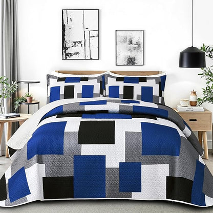 3 Piece Blue White Grey Quilt Set King Size Black White Geometric Reversible Bedding Set Microfiber Lightweight Bedspread Coverlet with 2 Shams Modern Bed Covers for All Season, 106''x96''