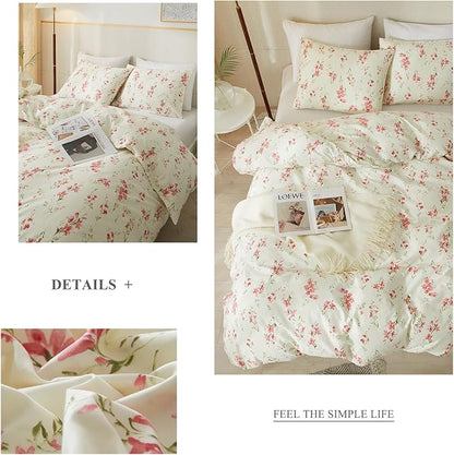 VM VOUGEMARKET Cream Comforter Set Queen Garden Flower Comforter with 2 Pillow Shams Girls Botanical Bedding Set Pink Floral Comforter Set 90x90 Inch