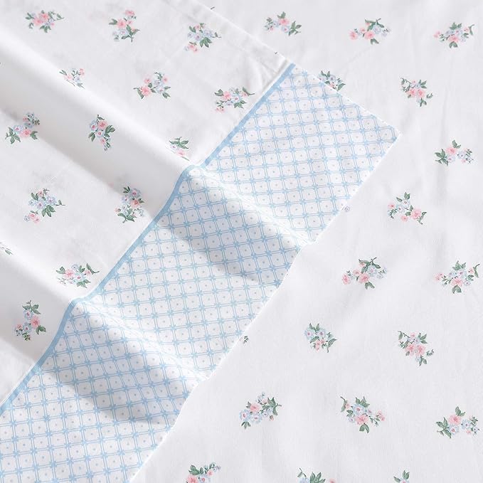Laura Ashley - Twin Sheet Set, Crisp & Cool Cotton Percale Bedding with Deep Pockets, Lightweight for Year Round Comfort, Bed Sheets with Matching Pillowcase (Harperette Blue)