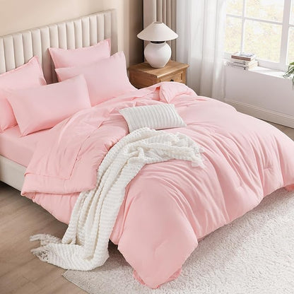 Litanika Twin/Twin XL Size Comforter Sets Pink - 5 Pieces Bed in a Bag Twin/Twin XL Bedding Comforter Sets, Solid Lightweight Bed Set with Comforter, Sheets, Pillowcase & Sham