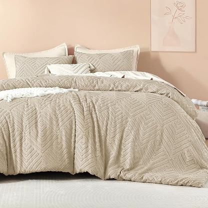 Litanika California King Comforter Set Khaki, 3 Pieces Tufted Boho Farmhouse Bedding Comforter Sets, Lightweight Fluffy Comforter Bed Set All Season (104x96In Comforter & 2 Pillowcases)