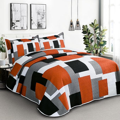 2 Piece Orange Grey Quilt Set Twin Size Black White Gray Geometric Reversible Bedding Set Microfiber Lightweight Bedspread Coverlet with 1 Sham Modern Bed Covers for All Season, 68''x86''