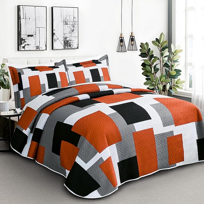 3 Piece Orange Grey Quilt Set California King Size Black White Gray Geometric Reversible Bedding Set Microfiber Lightweight Bedspread Coverlet with 2 Shams Bed Covers for All Season, 118''x106''