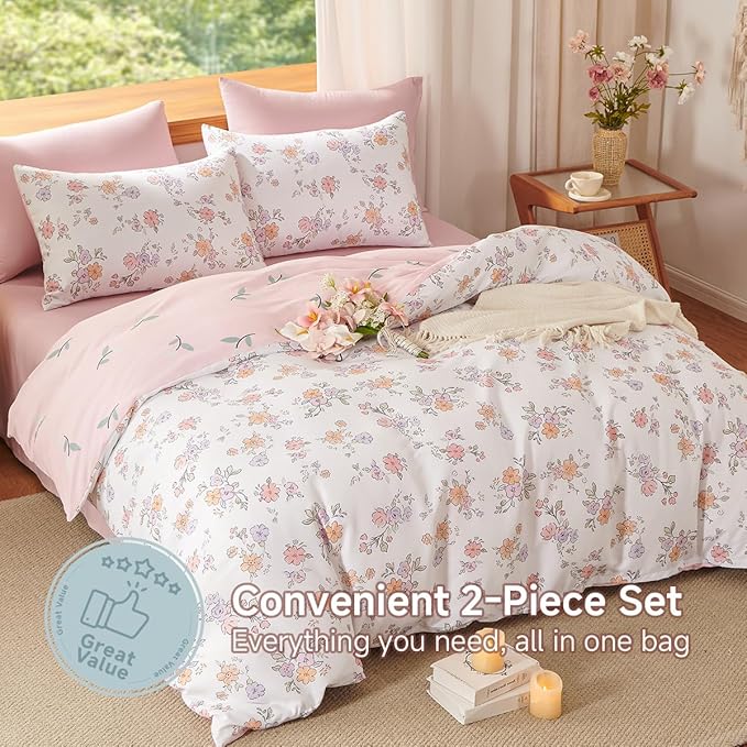 Floral Comforter Set Twin Size - 2 Pieces Pink White Floral Comforter Bedding Sets Reversible Pattern,Twin Bed in a Bag with Flowers Comforter and 1 Pillowcase