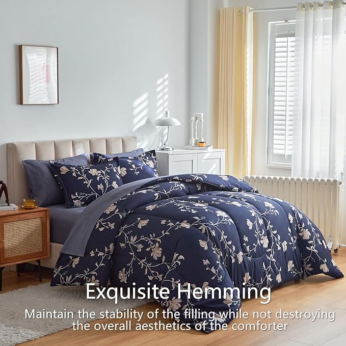 AIKASY Bed in a Bag King Comforter Set，7 Pieces Floral Comforter Set Bedding Sets with (1 Comforter, 2 Pillow Shams, 1 Flat Sheet, 1 Fitted Sheet, 2 Pillowcases) (Navy, King)