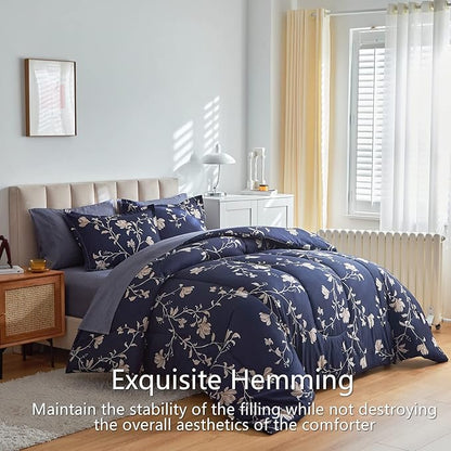 AIKASY Bed in a Bag King Comforter Set，7 Pieces Floral Comforter Set Bedding Sets with (1 Comforter, 2 Pillow Shams, 1 Flat Sheet, 1 Fitted Sheet, 2 Pillowcases) (Navy, King)