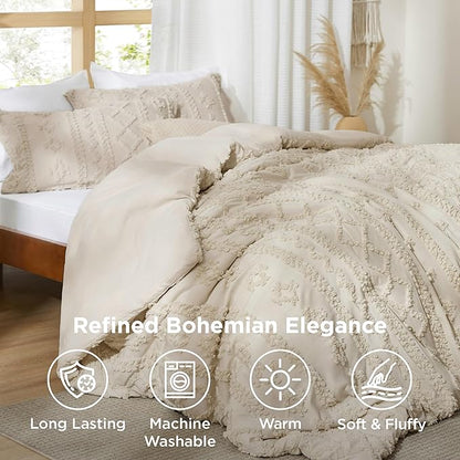 Bedsure Tufted Boho Comforter Set Queen Size - Beige Boho Bed Set, GentleSoft™ 3 Pieces Farmhouse Shabby Chic Embroidery Bedding, Gifts for Woman, Soft Jacquard Queen Comforter for All Seasons