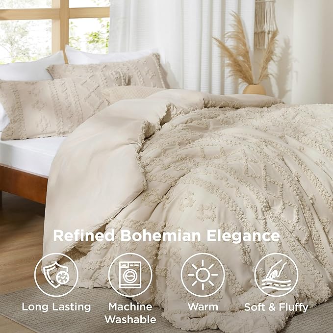 Bedsure Tufted Boho Comforter Set King Size - Beige Boho Bed Set, GentleSoft™ 3 Pieces Farmhouse Shabby Chic Embroidery Bedding, Gifts for Woman, Soft Jacquard King Comforter for All Seasons