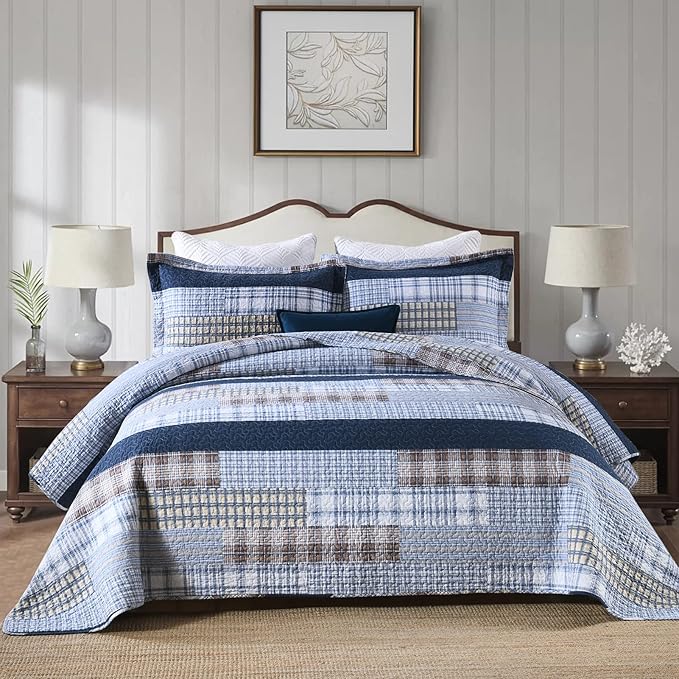 PANGUSHAN Quilt Set Queen Size, 100% Cotton Quilt Bedding Set Bedspreads, Patchwork Plaid Farmhouse Reversible Lightweight Comforter Bed Spread for Queen Bed, Blue, 3 Pieces