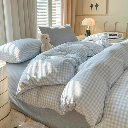 Blue Gingham Comforter Twin XL Down Alternative Washed Cotton Bedding Set Boho Fluffy Cozy Cute Bedding Comforter Sets Soft All Season Farmhouse Plaid Bed Comforter with 2 Pillowcases