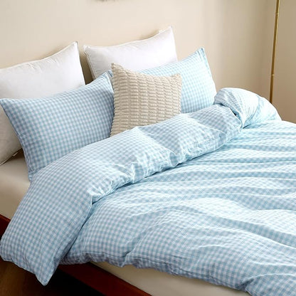 TOCOMOA Light Blue Gingham Duvet Cover Bedding Set 100% Washed Cotton Like Linen Feel Super Soft Comfy 3 Piece Vintage Plaid Checkered Comforter Cover Set (Queen 90"x90", Comforter Not Included)