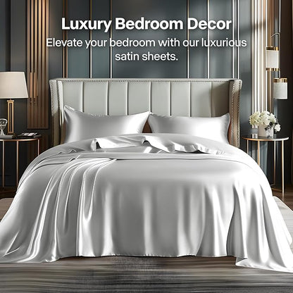 BEDELITE Satin Sheets Twin XL Size Bed Set, Luxury Soft Grey Silky Sheets for Hair and Skin, Similar to Silk Bed Sheets Set 3 Pieces with 1 Deep Pocket Fitted Sheet, 1 Flat Sheet, and 1 Pillowcase