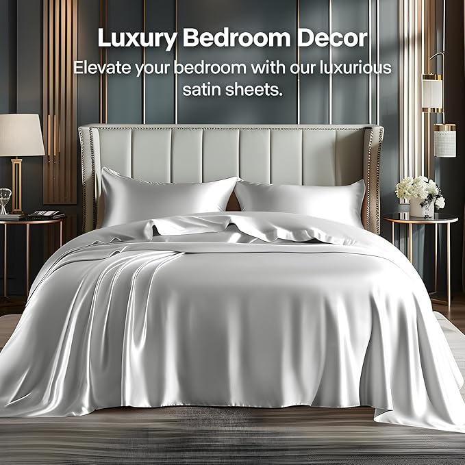 BEDELITE Satin Sheets Twin Size Bed Set, Luxury Soft Grey Silky Sheets for Hair and Skin, Similar to Silk Bed Sheets Set 3 Pieces with 1 Deep Pocket Fitted Sheet, 1 Flat Sheet, and 1 Pillowcase