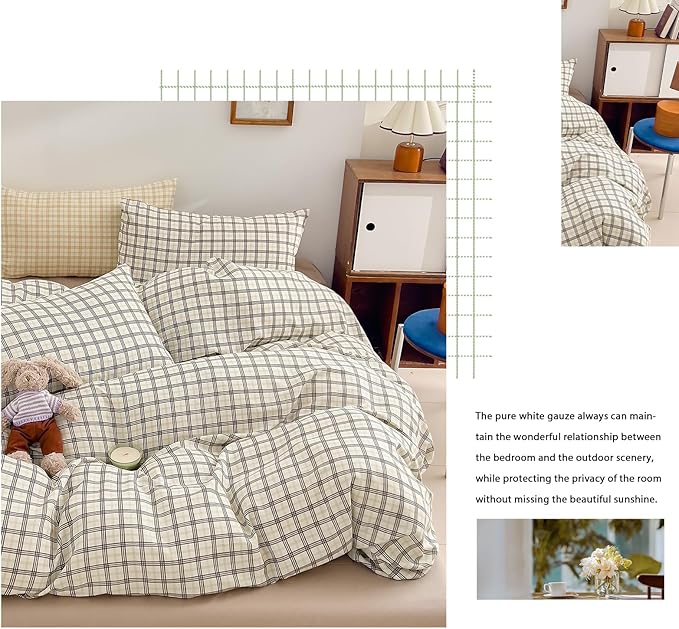 EAVD Vintage Style Plaid Gingham Duvet Cover Queen Soft 100% Washed Cotton Grey&Green Grid Checkered Bedding Set with 2 Pillowcases Farmhouse Geometric Pattern Duvet Cover with Zipper Closure