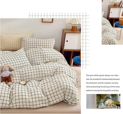 EAVD Vintage Style Plaid Gingham Duvet Cover Twin Soft 100% Washed Cotton Grey&Green Grid Checkered Bedding Set with 2 Pillowcases Farmhouse Geometric Pattern Duvet Cover with Zipper Closure