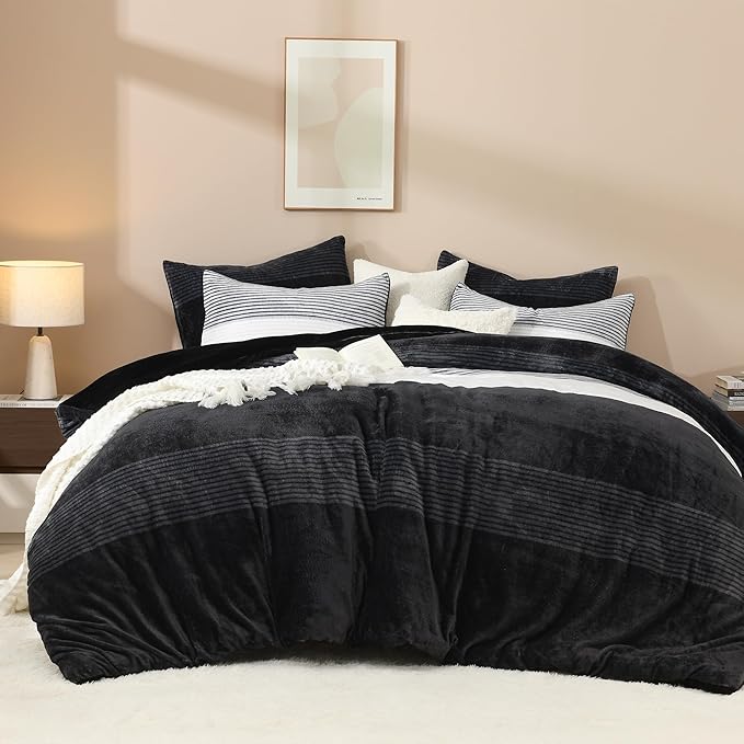 Litanika Fluffy Fleece Queen Comforter Set, Luxury Soft Plush Fuzzy Black & White Stripe Bedding Comforter Sets, Warm Shaggy Faux Fur Bed Set All Season (1 Comforter, 2 Pillowcases)