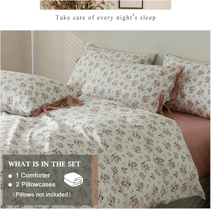 VM VOUGEMARKET King Comforter Set,Pink Flower Bedding Set Natural Botanical Style,1 Floral Comforter and 2 Pillowcases with Bowknot for Girls Women(3pcs,King)