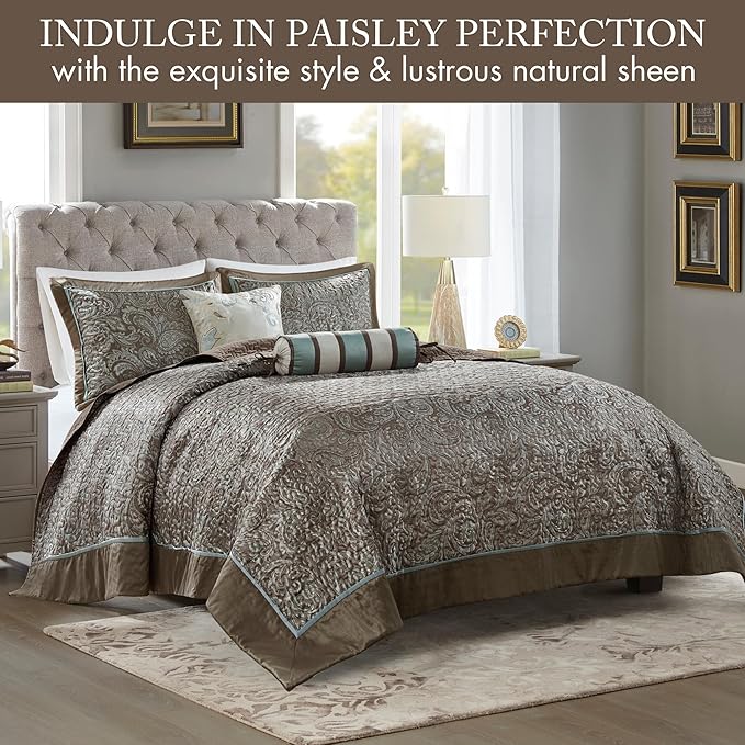 Madison Park Aubrey Reversible Quilted Bedspread Set, Solid Reverse Summer Breathable, Lightweight All Season Bedding Layer, Matching Shams, Bedspread King(120"x118"), Blue 5 Piece