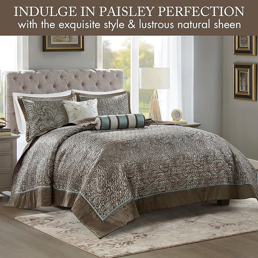 Madison Park Aubrey Reversible Quilted Bedspread Set, Solid Reverse Summer Breathable, Lightweight All Season Bedding Layer, Matching Shams, Bedspread King(120"x118"), Blue 5 Piece