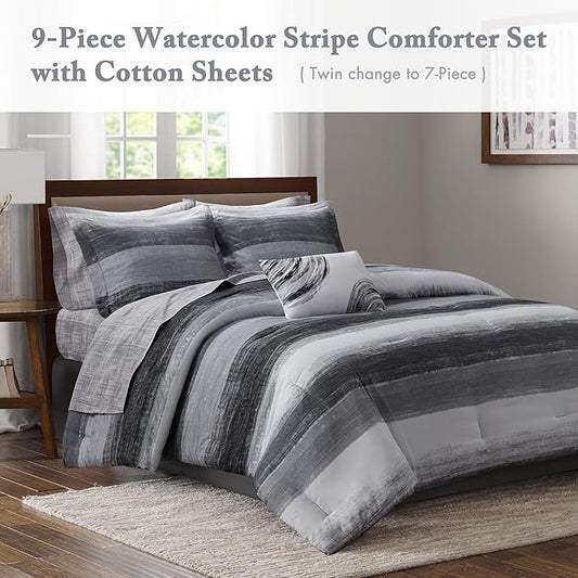 Madison Park Essentials Queen Comforter Set, Bed in a Bag, Watercolor Print Coastal Comforter & Chambray Cotton Sheet Set, All Season Bedding Set, Saben, Black Queen (90 in x 90 in) 9 Piece