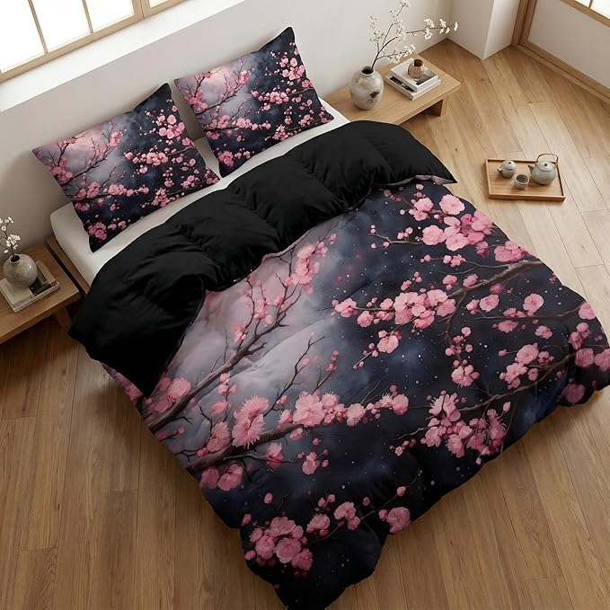 Black Pink Comforter Set Queen, Japanese Cherry Blossoms Bedding for Girls Women 3Pcs Soft Farmhouse Country Quilted Set with 2 Pillowcases, 90"x90"