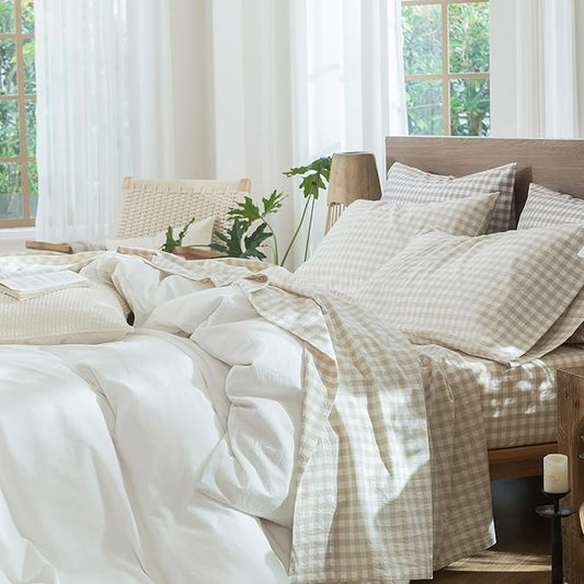MooMee Gingham Sheet Set 100% Washed Cotton Linen Like Textured Breathable Soft w/ Fully Elasticized 16-19" Deep Pocket (Classic Gingham Almond Milk Grey, Queen)