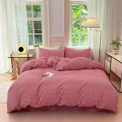LifeTB Red Gingham Comforter Set Twin XL Modern Style Red Plaid Comforter Set 3 Pieces Soft Fluffy Grid Checkered Pattern Comforter with 2 Pillowcases Farmhouse Gingham Bedding Set Breathable