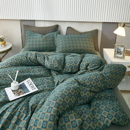 VM VOUGEMARKET Boho Duvet Cover King Geometric Pattern,3Pcs Yarn-Dyed Muslin Cotton Duvet Cover Set Blue Green Flower Bedding Set for Girls Women Without Comforter