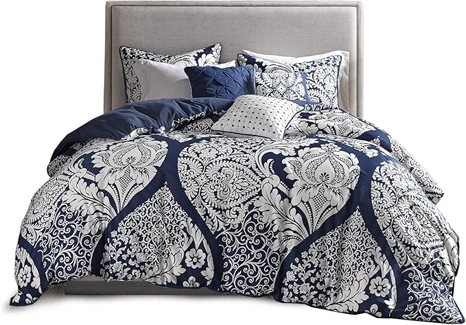 Madison Park Vienna Sateen Cotton Comforter Set, Breathable, Soft Cover, Trendy, All Season Down Alternative Cozy Bedding with Matching Shams, California King, Indigo 7 Piece