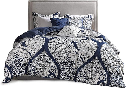 Madison Park Vienna Sateen Cotton Comforter Set, Breathable, Soft Cover, Trendy, All Season Down Alternative Cozy Bedding with Matching Shams, California King, Indigo 7 Piece