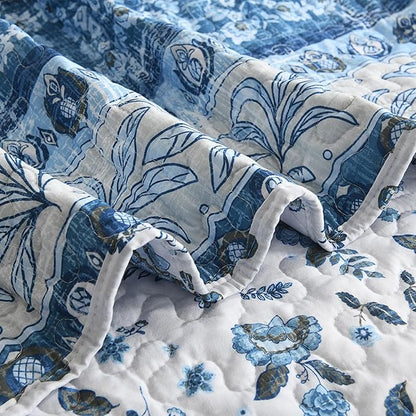 HORIMOTE HOME Boho Quilt Queen Size Blue Bohemian Floral Quilt Bedding Set, Soft Lightweight Boho Comforter Set Queen for All Season, Farmhouse Bedspread Coverlet with 2 Pillow Shams, 90 x 96 inches