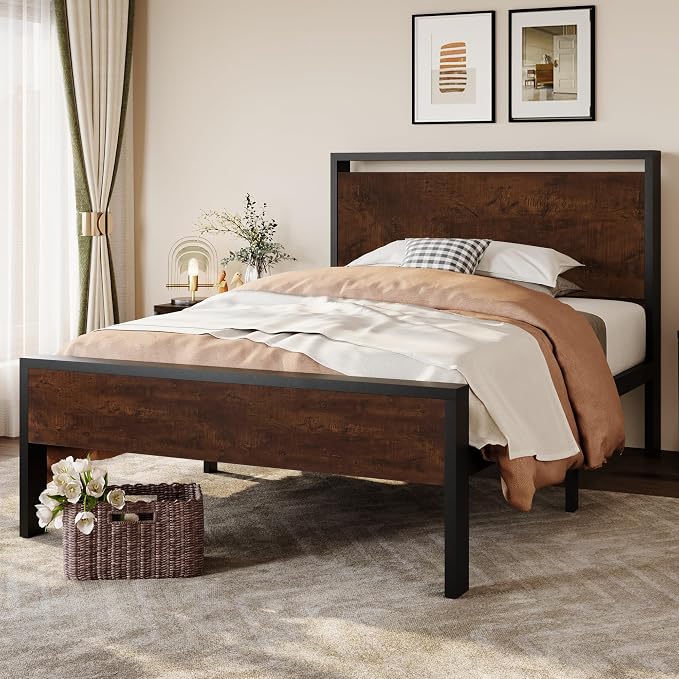 SHA CERLIN 14 Inch Twin Size Metal Platform Bed Frame with Wooden Headboard and Footboard, Mattress Foundation, No Box Spring Needed, Large Under Bed Storage, Heavy Duty Slats Support, Mahogany