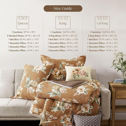 Madison Park Vintage Floral Reversible Comforters King Size Bed, All Season, Down Alternative Bedding Comforter, Bedskirt, Pillows, Shams, Salara, Queen Terracotta 7 Piece | Reversible