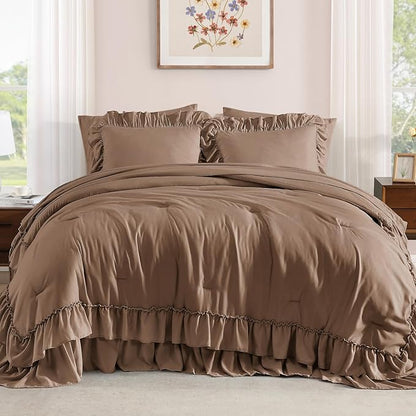 King Size Comforter Set Amber Brown, Ruffle Shabby Chic Bedding Set Farmhouse 7 Pieces, All Season Fluffy Bed in a Bag with Sheets, Pillowcases & Shams