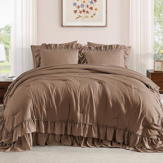King Size Comforter Set Amber Brown, Ruffle Shabby Chic Bedding Set Farmhouse 7 Pieces, All Season Fluffy Bed in a Bag with Sheets, Pillowcases & Shams