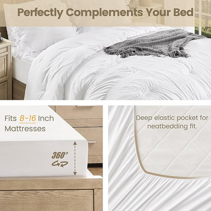 QUIETSEA Full Comforter Set Seersucker 7 Pieces Luxury Ruffle Bed in a Bag Full Size for All Season White Bedding Set with Comforter, Pillowcases, Flat Sheet, Fitted Sheet and Pillow Shams