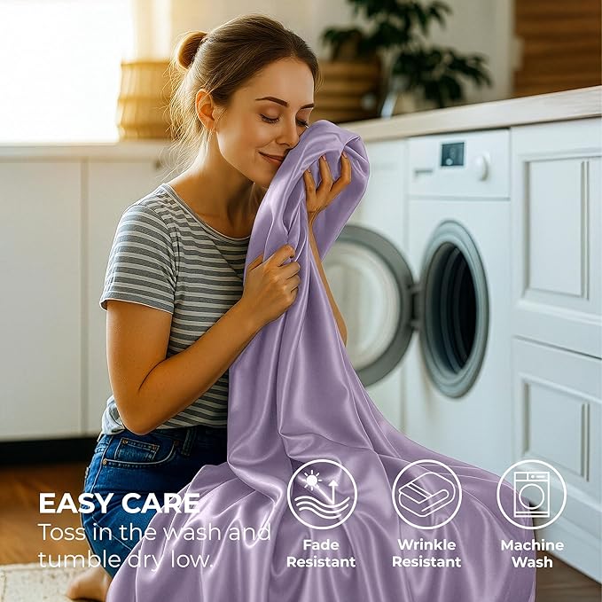 Pure Bedding Satin Sheets Full [4-Piece, Lavender] Hotel Luxury Silky Bed Sheets - Extra Soft 1800 Microfiber Sheet Set, Wrinkle, Fade, Deep Pocket Fitted Sheet, Flat Sheet, Pillow Cases