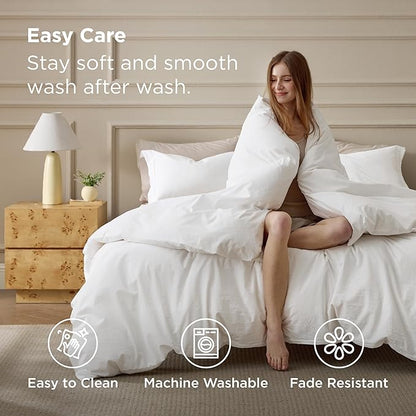 Bedsure 100% Washed Cotton Duvet Cover Super King Size - Natural White Minimalist Bedding Set Linen Like - PureWoven Plain Simple & Soft Comforter Cover 3-Piece (Natural White, Super King, 108"x98")