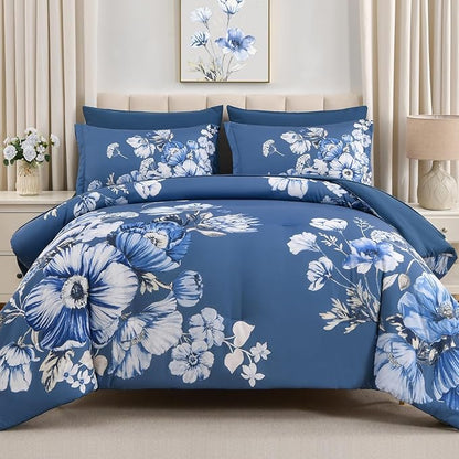 King Size Comforter Set - 7 Pieces Floral Comforter and Sheet Set, Blue King Size Bed in a Bag, Soft Microfiber Flower Complete Bedding Set for All Seasons（Blue,104"x90"）